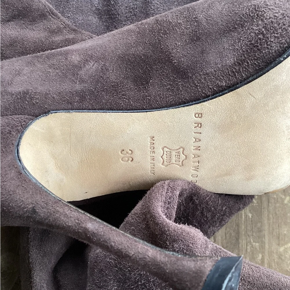 Brian Atwood Thigh High Taupe Brown Suede Sock Heeled Designer Boots Size 36
